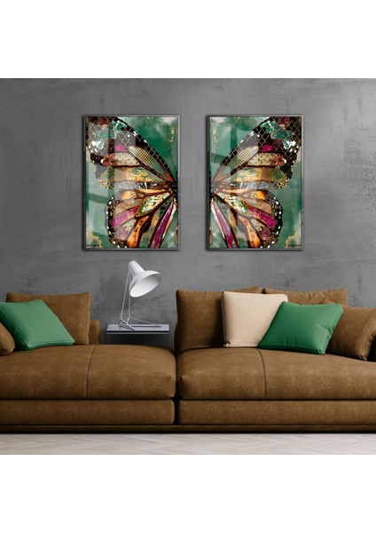 Sevilen Kelebek Kanat Kombini Yeşil Gold Mor |Çerçeveli Cam Tablo 2li Dikey