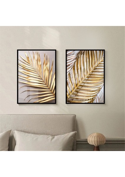Gold-Soft Yaprak Kombini |Çerçeveli Cam Tablo 2li Dikey