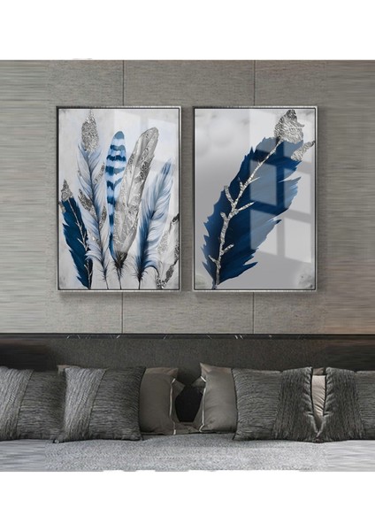 Lacivert-Gri Kombini Tüyler 2 |Çerçeveli Cam Tablo 2li Dikey
