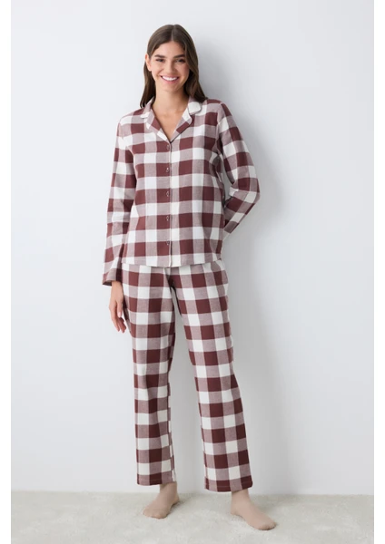 Brown Gingham Kahverengi Gömlek Pantolon Pijama Takımı