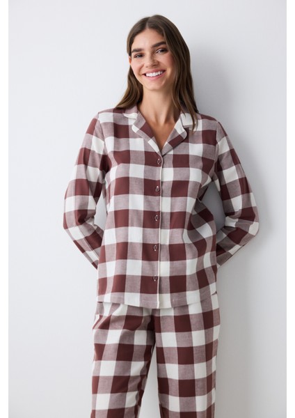 Brown Gingham Kahverengi Gömlek Pantolon Pijama Takımı