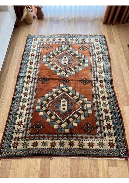 134X189 cm Boho Stili Turuncu ve Mavi Renkli El Dokuma Türk Anadolu Yün Kilimi