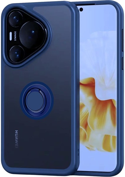 Huawei Pura 70 Kılıf Yüzüklü Standlı Extra Darbe Emici Sert Silikon Kapak - Lacivert