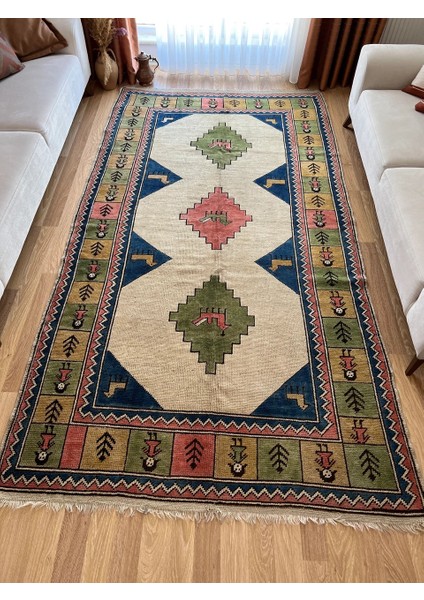 167X306 cm Büyük Boy Hayvan Figürlü El Dokuma Yün Antik Kilim Pastel Renkler