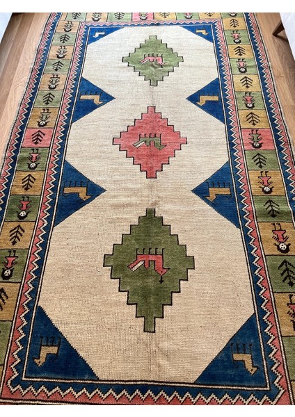 167X306 cm Büyük Boy Hayvan Figürlü El Dokuma Yün Antik Kilim Pastel Renkler