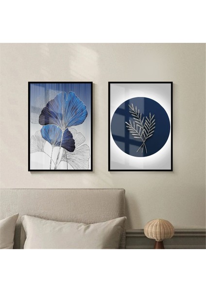 |Lacivert-Gümüş Kombini Sonsuzluk Çiçek Ve Orta 2|Çerçeveli Temperli Cam Tablo 2li Dikey