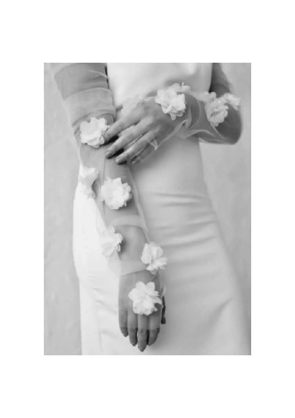 Transparan Uzun Çiçekli Tül Parmaksız Gelin Eldiveni