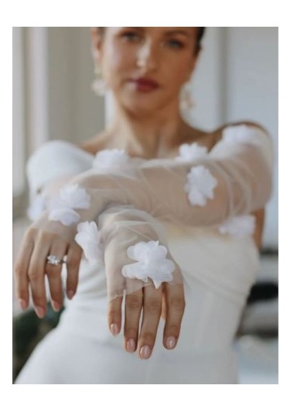 Transparan Uzun Çiçekli Tül Parmaksız Gelin Eldiveni fiyatları