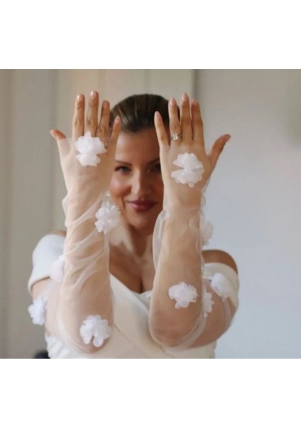 Transparan Uzun Çiçekli Tül Parmaksız Gelin Eldiveni indirimleri