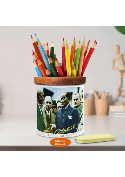 Düşünen Gazi Mustafa Kemal Atatürk Ahşap Seramik Kalemlik -r67