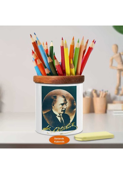 Çerçevede Kemal Atatürk Ahşap Seramik Kalemlik -s143 fiyatları