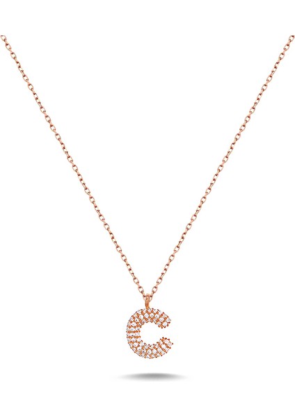925 Ayar C Harfi Beyaz Taşlı Rose Renkli Gümüş Kolye Ürün Komple 925 Ayar Gümüştür 50 cm Zincir