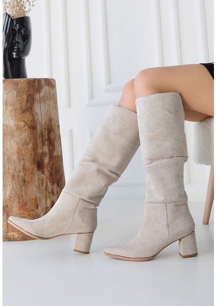 Pitay Bej Süet Topuklu Çizme modelleri