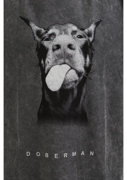 Antrasit Doberman Köpek Baskılı Soluk Efektli Oversize Tshirt modelleri