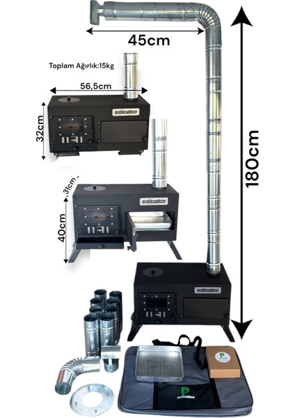 Katlanır Ayaklı Kuzineli Kamp ve Çadır Sobası - Ful Set Çantalı