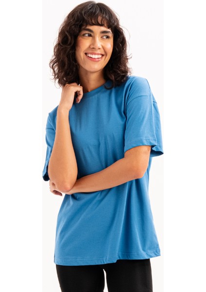 100% Pamuk Oversize Fit Bisiklet Yaka Mavi Kadın T-Shirt - Halo fiyatları