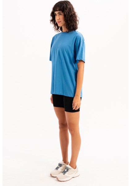 100% Pamuk Oversize Fit Bisiklet Yaka Mavi Kadın T-Shirt - Halo fırsatları