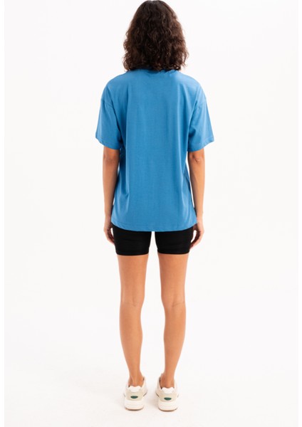 100% Pamuk Oversize Fit Bisiklet Yaka Mavi Kadın T-Shirt - Halo indirimleri