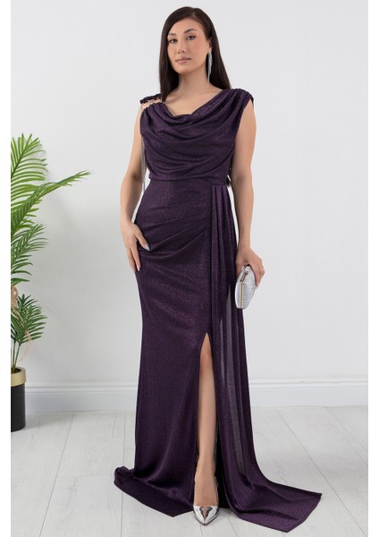 Omuz Aksesuarlı Simli Degaje Yaka Elbise 39878 modelleri