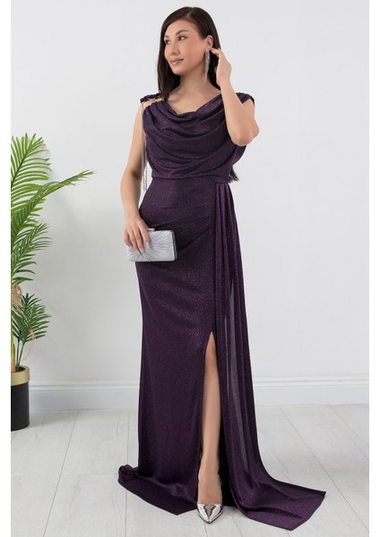 Omuz Aksesuarlı Simli Degaje Yaka Elbise 39878 fırsatları