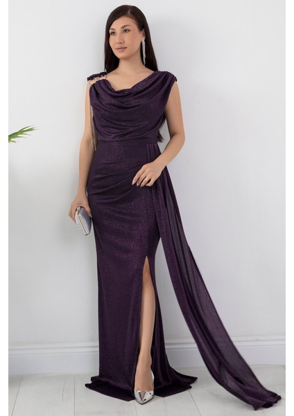 Omuz Aksesuarlı Simli Degaje Yaka Elbise 39878 indirimleri