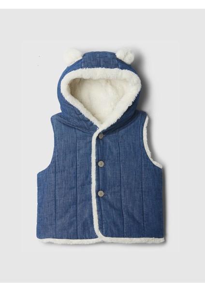 Bebek Mavi Denim Cozy Sherpa Bear Yelek