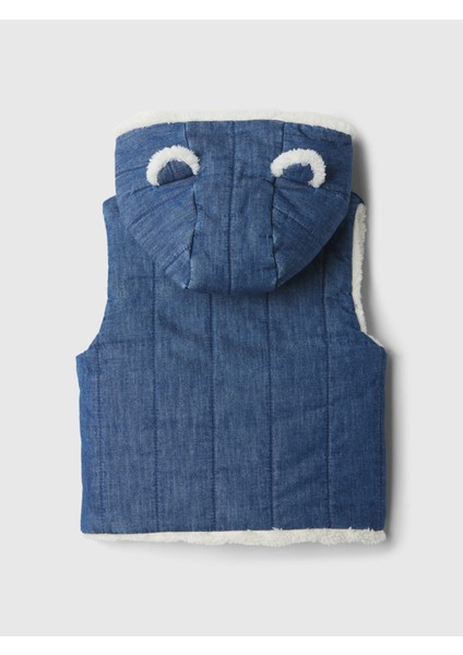 Bebek Mavi Denim Cozy Sherpa Bear Yelek