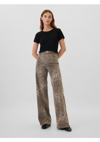 Kadın Kahverengi High Rise Wide Leg Leopar Desenli Jean Pantolon