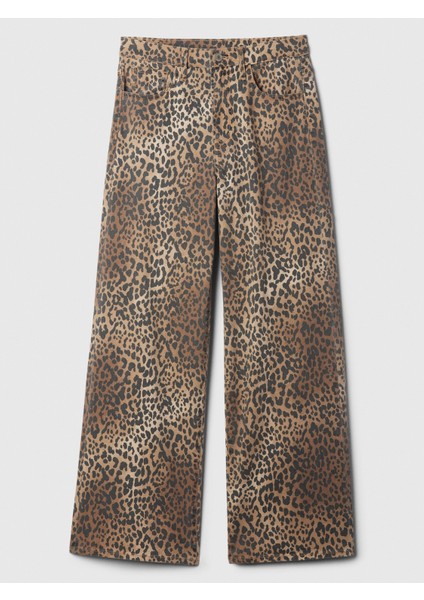 Kadın Kahverengi High Rise Wide Leg Leopar Desenli Jean Pantolon