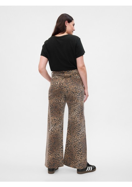 Kadın Kahverengi High Rise Wide Leg Leopar Desenli Jean Pantolon