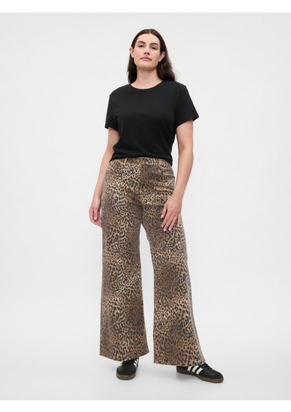 Kadın Kahverengi High Rise Wide Leg Leopar Desenli Jean Pantolon