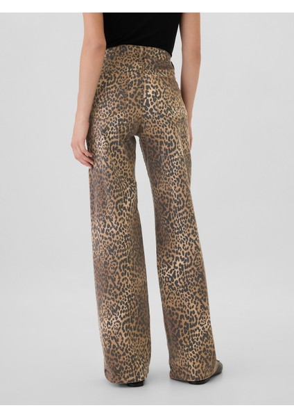 Kadın Kahverengi High Rise Wide Leg Leopar Desenli Jean Pantolon