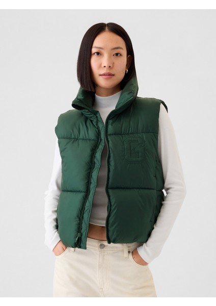 Kadın Yeşil Gap Logo Geri Dönüştürülmüş Crop Puffer Şişme Yelek