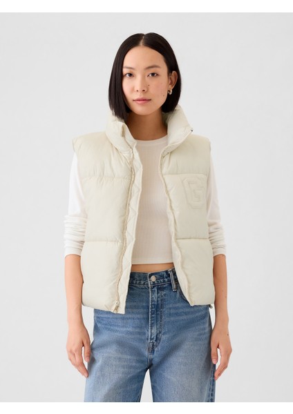 Kadın Kırık Beyaz Gap Logo Geri Dönüştürülmüş Crop Puffer Şişme Yelek