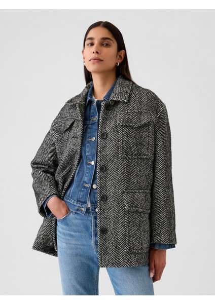 Kadın Siyah Herringbone Kemerli Fonksiyonel Ceket