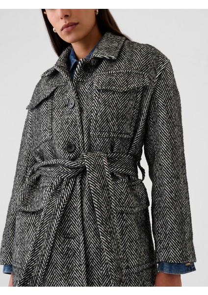 Kadın Siyah Herringbone Kemerli Fonksiyonel Ceket modelleri