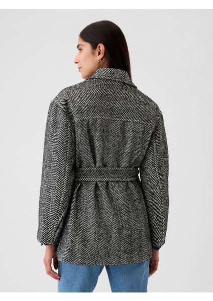 Kadın Siyah Herringbone Kemerli Fonksiyonel Ceket indirimleri