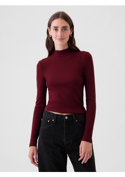 Kadın Bordo Modern Fitilli Crop Balıkçı Yaka T-Shirt