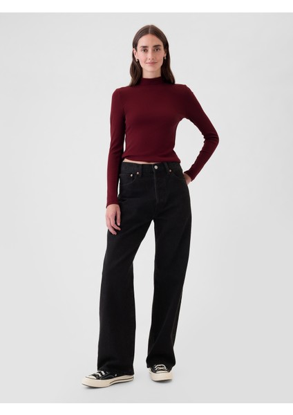 Kadın Bordo Modern Fitilli Crop Balıkçı Yaka T-Shirt