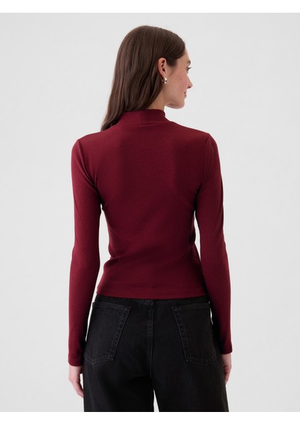 Kadın Bordo Modern Fitilli Crop Balıkçı Yaka T-Shirt