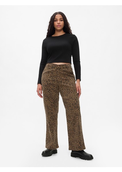 Kadın Kahverengi Mid Rise '90s Loose Leopar Desenli Kargo Jean Pantolon indirimleri