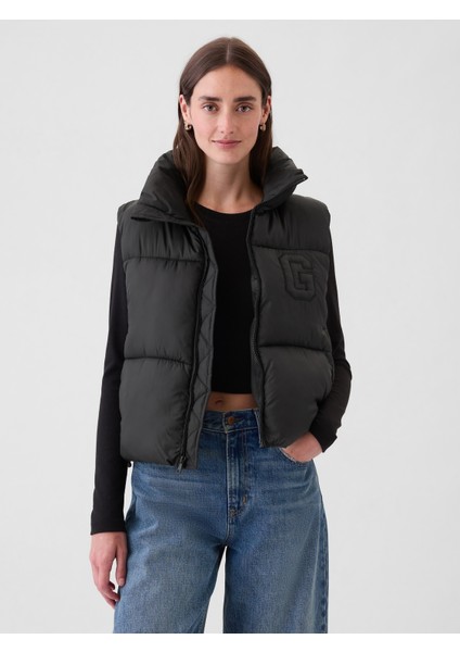 Kadın Siyah Gap Logo Geri Dönüştürülmüş Crop Puffer Şişme Yelek
