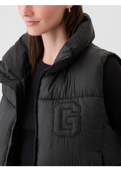 Kadın Siyah Gap Logo Geri Dönüştürülmüş Crop Puffer Şişme Yelek