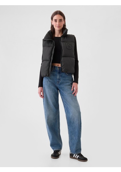 Kadın Siyah Gap Logo Geri Dönüştürülmüş Crop Puffer Şişme Yelek