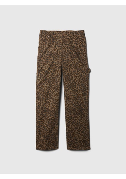 Kadın Kahverengi Mid Rise '90S Loose Leopar Desenli Kargo Jean Pantolon