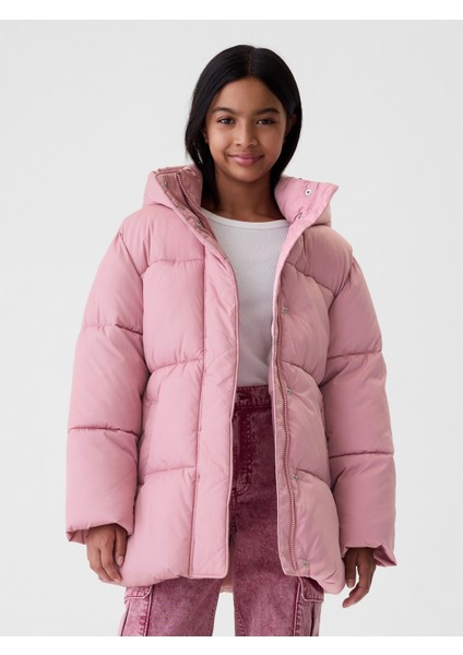 Kız Çocuk Pembe Geri Dönüştürülmüş Heavyweight Primaloft® Puffer Şişme Mont