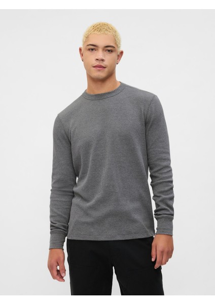 Erkek Gri Waffle-Knit Crewneck T-Shirt