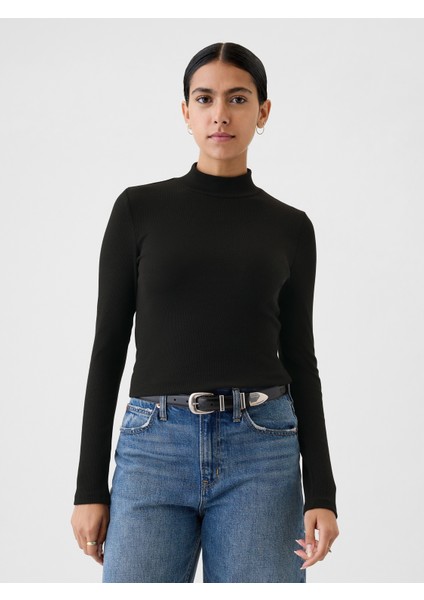 Kadın Siyah Modern Fitilli Crop Balıkçı Yaka T-Shirt