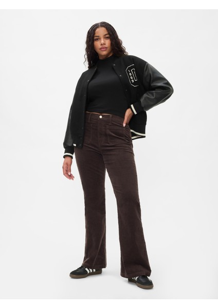 Kadın Kahverengi High Rise Kadife '70s Flare Jean Pantolon indirimleri