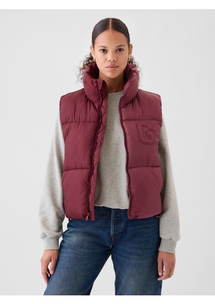 Kadın Bordo Gap Logo Geri Dönüştürülmüş Crop Puffer Şişme Yelek